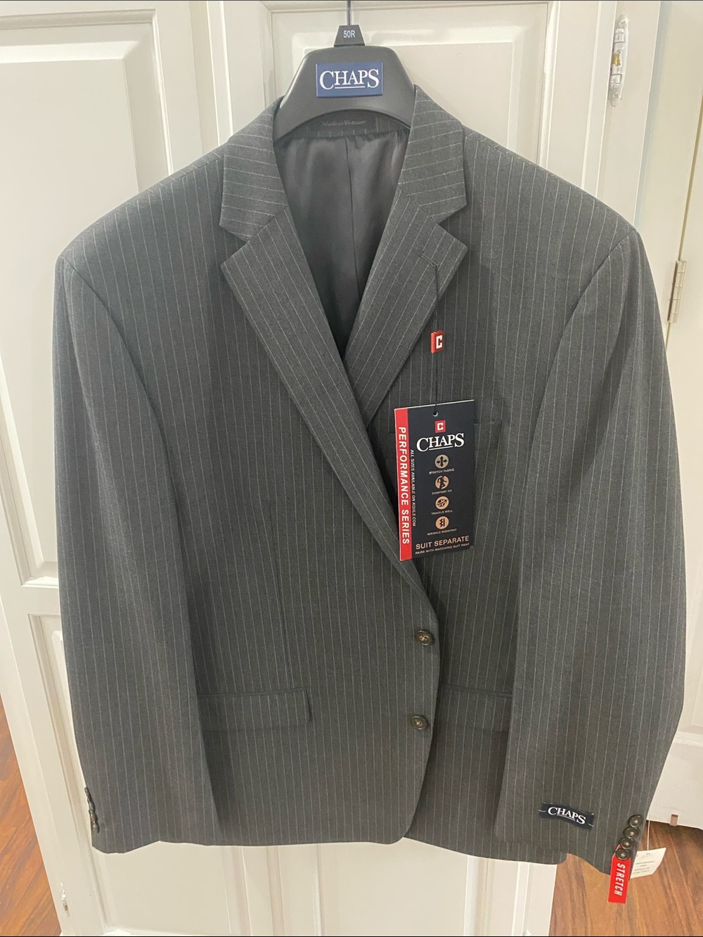 🆕 Chaps Performance Series Charcoal Grey Pinstripe Suit Jacket Stretch 50R